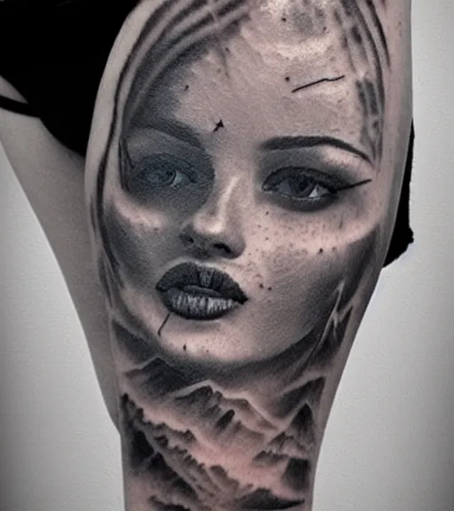 Image similar to tattoo design sketch of a beautiful woman face with a faded background of beautiful mountains on her side, hyper - realistic, double exposure effect, in the style of den yakovlev, amazing detail, black and white, faded