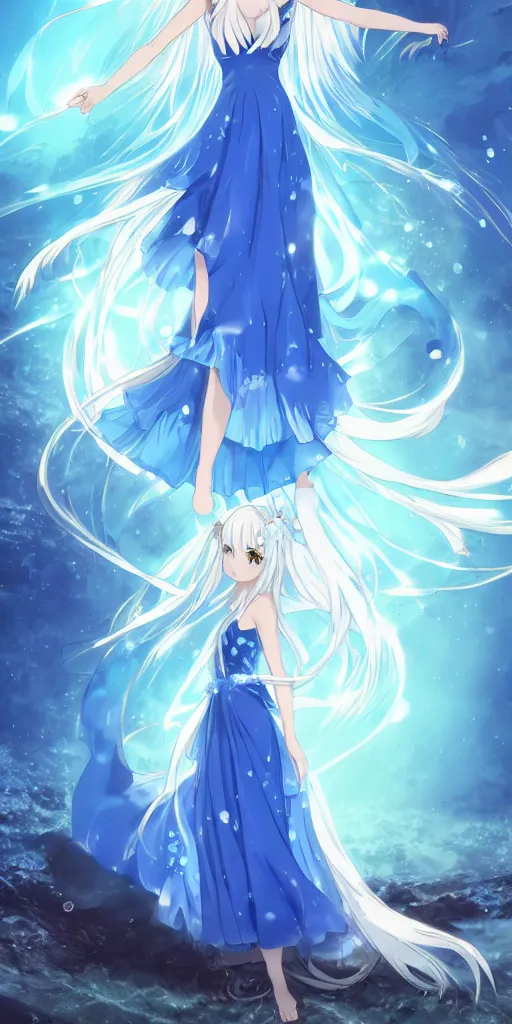 Image similar to a very beautiful anime girl wearing a elegant dress made of water standing in a azure blue crystal lake , full body, long white hair with azure blue highlights blending into the dress , azure blue watery eyes, full round face, seductive over the shoulder glances ,soft smile,tears, lens flare, cinematic lighting, medium shot, mid-shot, highly realistically detailed, trending on artstation, Unreal Engine 4k, Stanley Artgerm Lau, WLOP, Rossdraws, James Jean, Andrei Riabovitchev, Marc Simonetti, and Sakimichan