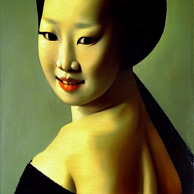 Image similar to a beautiful painting coco lee, by jan vermeer realistic oil painting