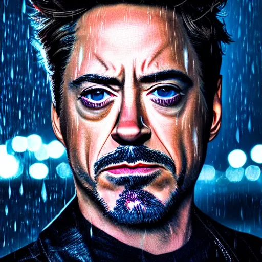 Image similar to photorealistic, hyperdetailed photograph portrait of robert downey junior, night, city, rain, dense fog, hd, 8 k resolution