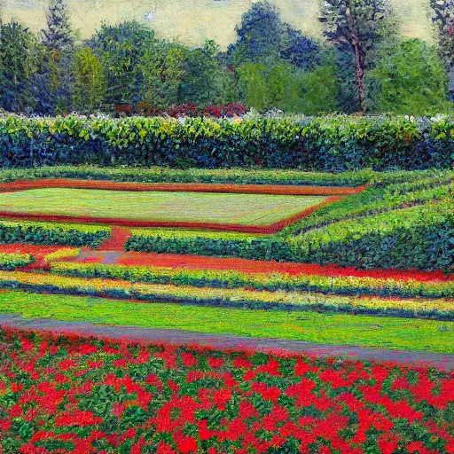 Prompt: clay tennis courts lined with flower laden hedges, impressionistic painting