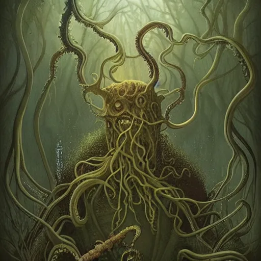 Image similar to happy lovecraftian swamp monster with tentacles by tom bagshaw