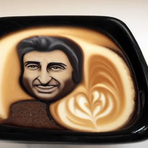 Image similar to al pacino's face made of coffee and milk foam in a cup of cappuccino, high detail