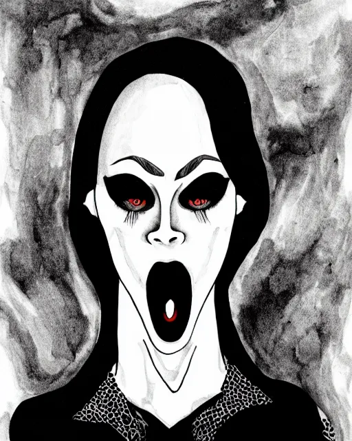 Image similar to a mulato androgynous vampire, moody black ink illustration