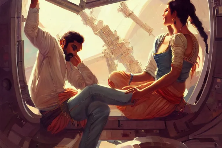 Image similar to Sensual good looking pale young Indian doctors wearing jeans partying in a space station above Earth performing surgery, portrait, elegant, intricate, digital painting, artstation, concept art, smooth, sharp focus, illustration, art by artgerm and greg rutkowski and alphonse mucha