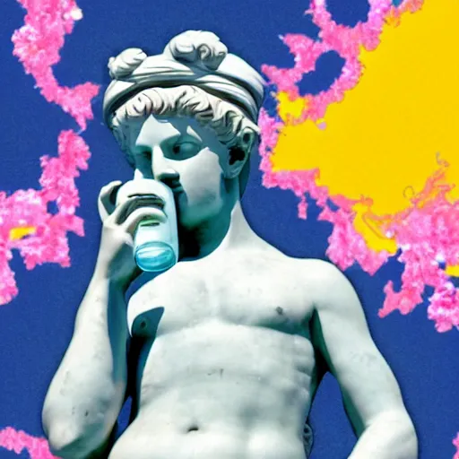 Image similar to a greek statue drinking fiji water, vaporwave background