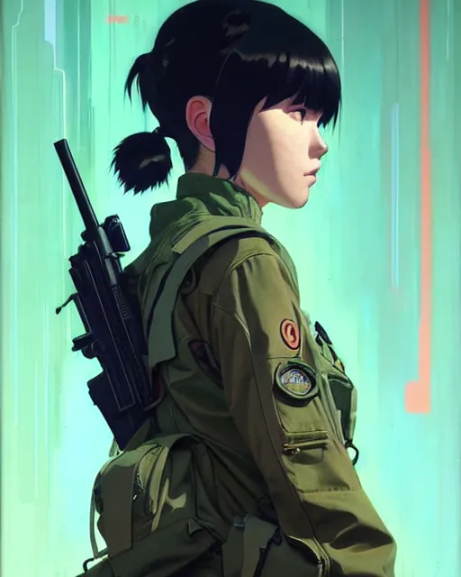 Image similar to girl wearing in tactical gear | | audrey plaza, fine detail!! anime!! realistic shaded lighting!! dramatic!! poster by ilya kuvshinov katsuhiro otomo ghost - in - the - shell, magali villeneuve, artgerm, jeremy lipkin and michael garmash and rob rey