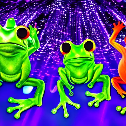 Prompt: futuristic frogs having a rave party in a club