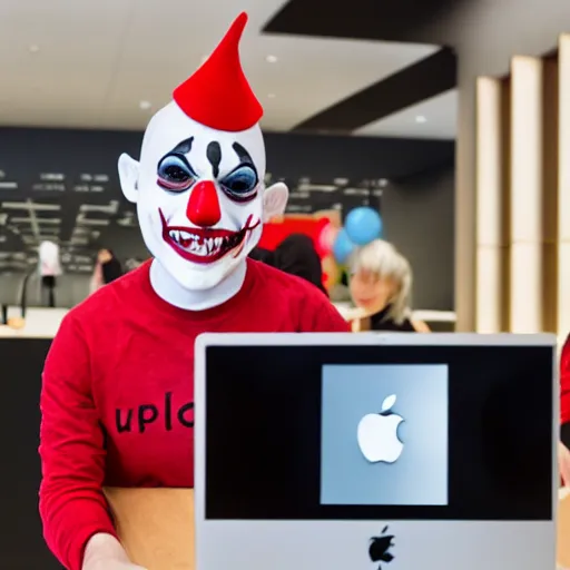 Prompt: scary clown working at an apple store