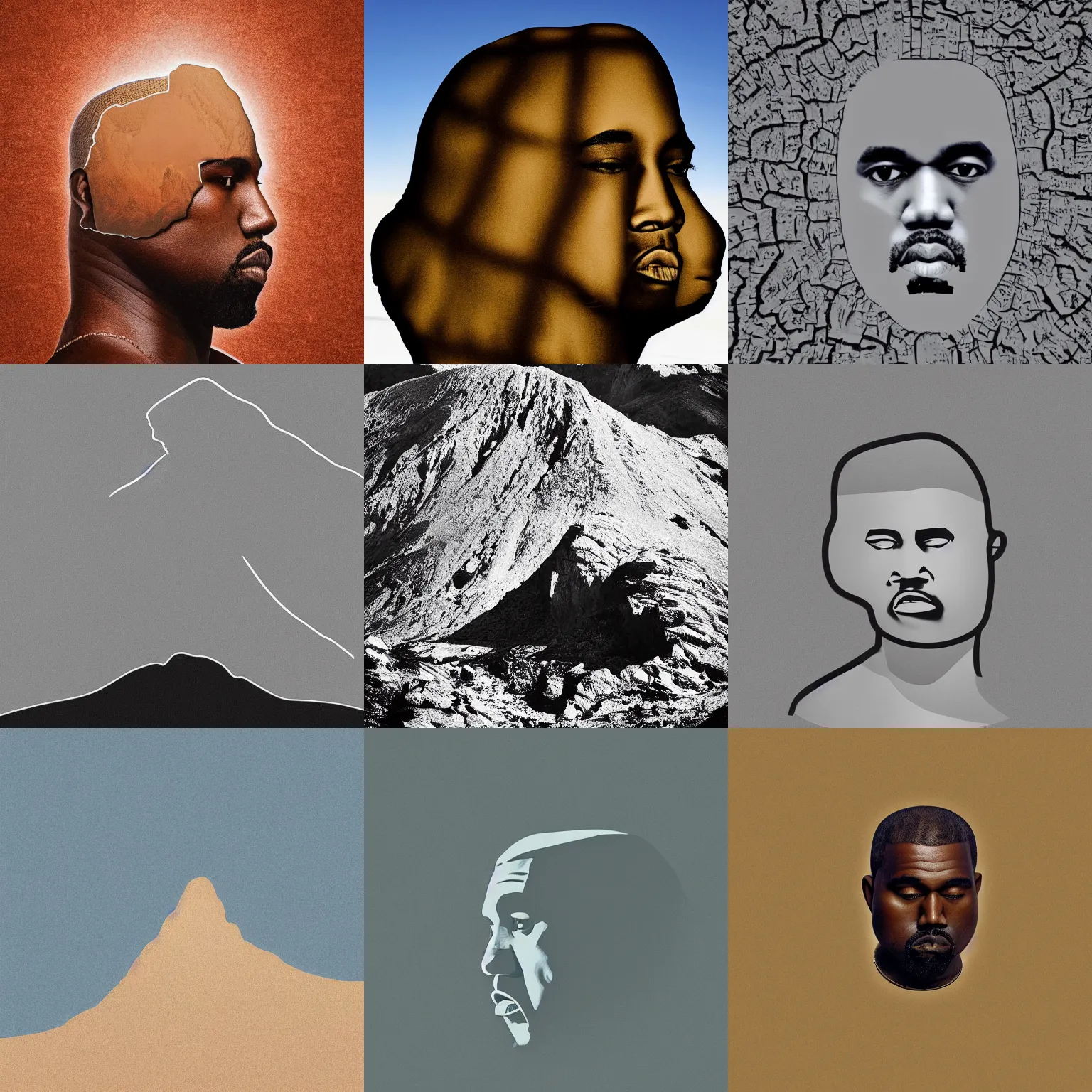 Prompt: Mountain shaped like Kanye West's head, landscape portrait formation photograph