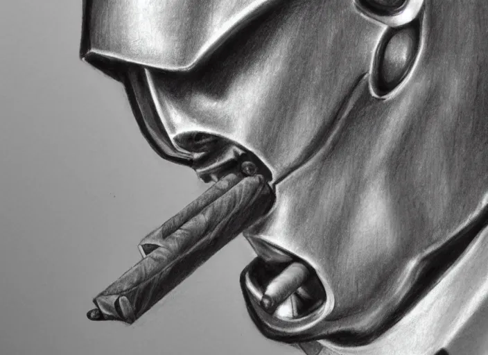 Image similar to basic professional pencil drawing of robot warlord smoking a cigar, uhd, ultra realistic, 4 k, movie still, detailed, sharp, real life, cinematic