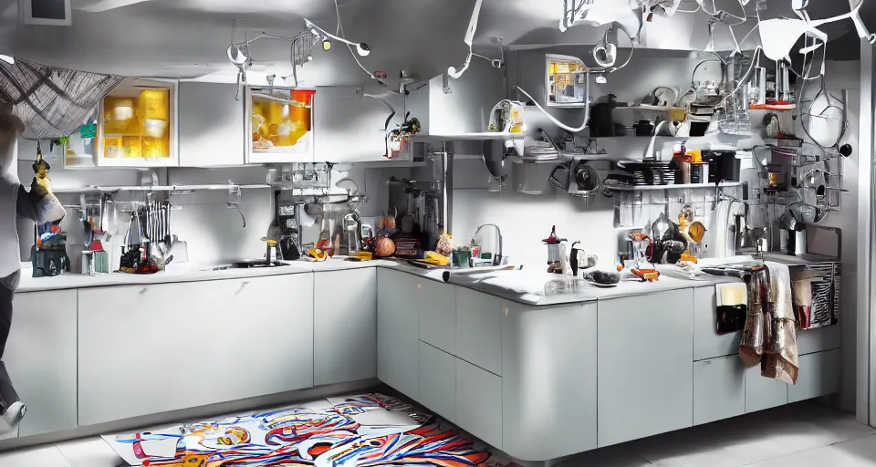 Prompt: IKEA catalogue photo of a cyberpunk kitchen on a spaceship, by Takashi Murakami