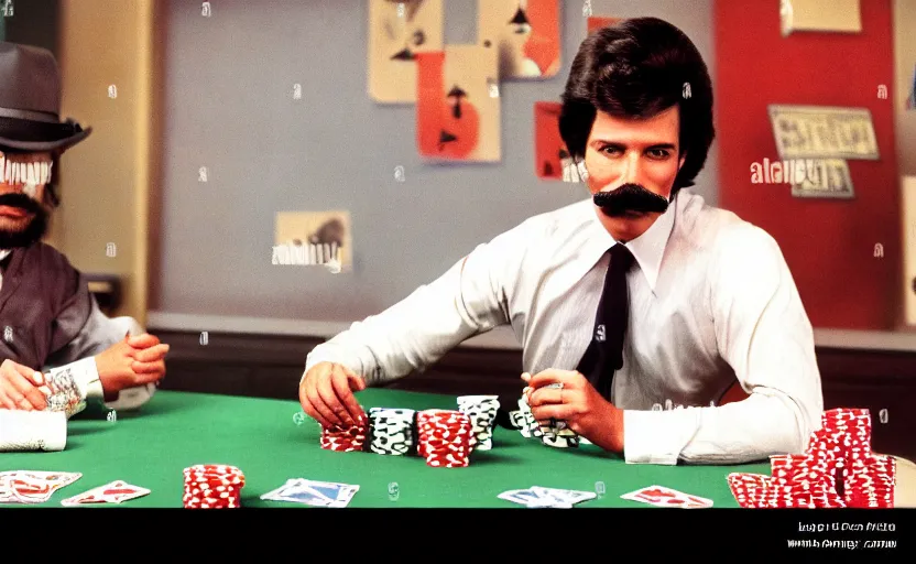 Prompt: color photo of a photomodel handsome man in mustache playing poker. las vegas. 8 0's style