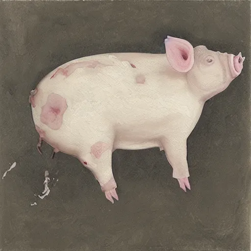 Image similar to “pig paintings and pig sculptures in a pig art gallery, pork, ikebana white flowers, white wax dripping, squashed raspberry stains, charcoal on paper, by munch and Dali”