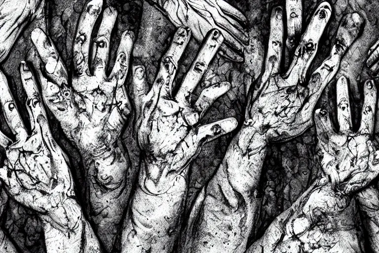 Prompt: dead hands with crooked fingers come out of the ground in a cemetery, dark night, full moon, highly detailed digital art, photorealistic