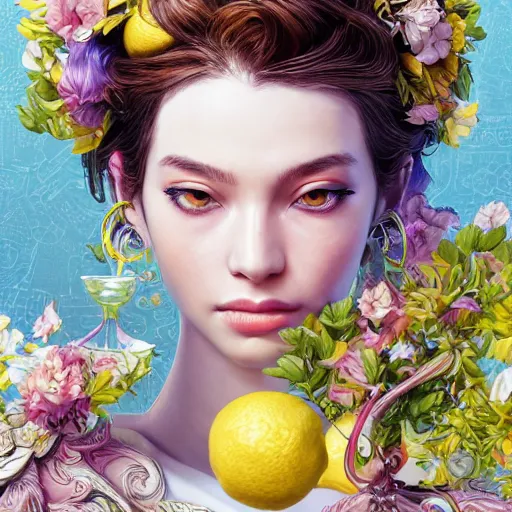 Prompt: the portrait of an absurdly beautiful, graceful, elegant, sophisticated, young idol made up of lemons, an ultrafine hyperdetailed illustration by kim jung gi, irakli nadar, intricate linework, bright colors, octopath traveler, final fantasy, unreal engine 5 highly rendered, global illumination, radiant light, detailed and intricate environment