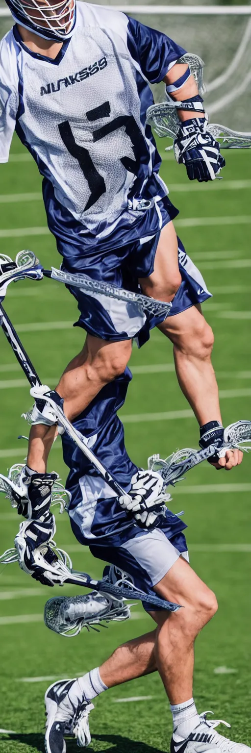 Image similar to lacrosse player, soccer field, cascade helmet, realistic, running, very detailed, 8k, high resolution, ultra realistic, no grain, symmetry, normal proportions, sports illustrated style, Cascade XRS Custom Lacrosse Helmet, brine lacrosse stick, Brine Lacrosse King V Gloves, normal feet, Nike Alpha Huarache 7 Elite, STX Surgeon 700 Lacrosse Arm Guards