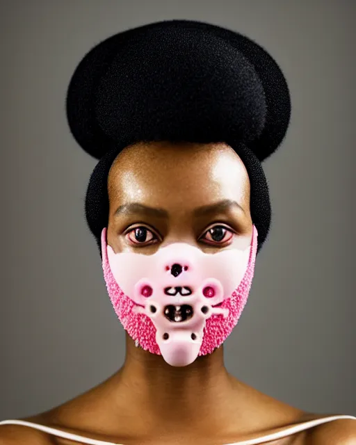 Image similar to symmetrical portrait of a black woman wearing pink silicone embroidered beauty mask and hair buns, wearing a black bodysuit by alexander mcqueen, cream white background, soft light, biotechnology, humanoide robot, bjork aesthetic, translucent, by rineke dijkstra, intricate details, highly detailed, masterpiece,