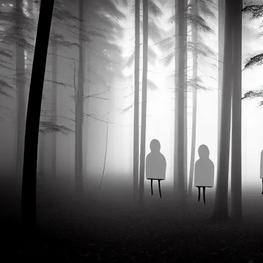 Image similar to hundreds of shadow people hidden in forest, staring with glowing white eyes, hyperrealistic, 8k, extremely detailed, black and white, foggy, grainy, very old