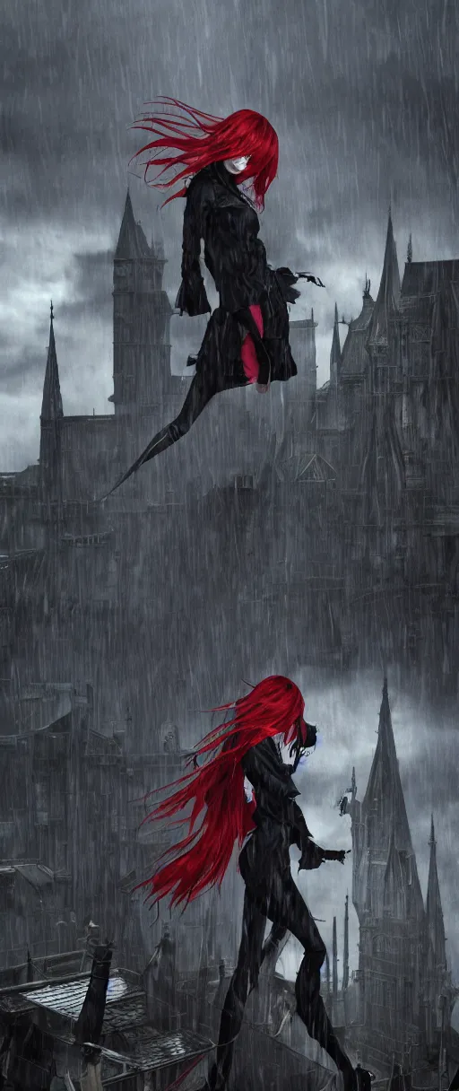 Prompt: goth Asuka Langley in a hood on the roof of a gothic house, Dishonored aesthetic, cinematic lighting, rainy weather, melancholy atmosphere, artstation, Dunwall city, gothic architecture, volumetric light, octane render, Dishonored game, Dishonored 1, depression and despair