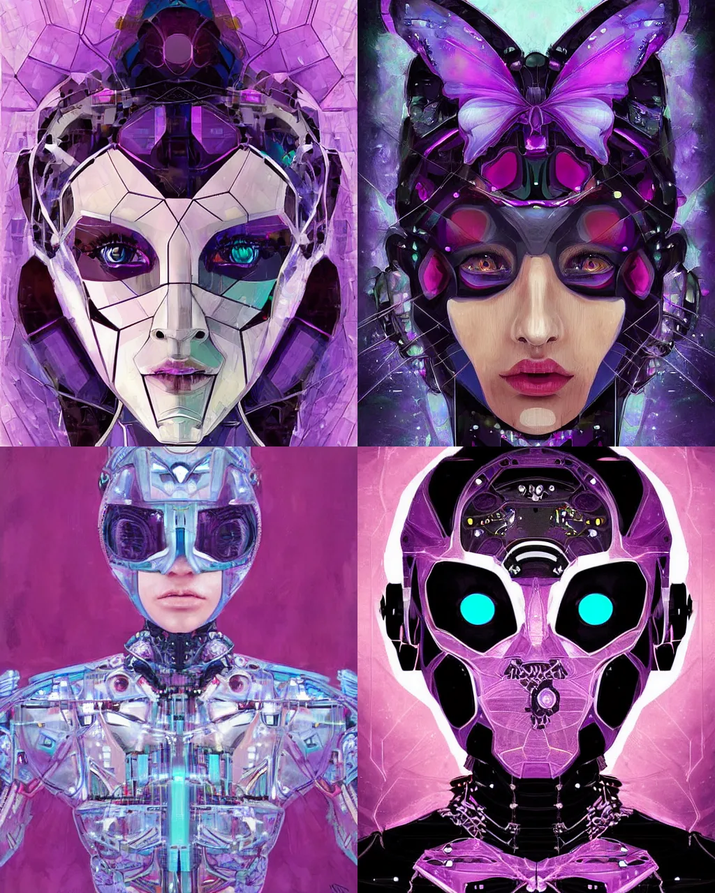 Prompt: robot cyborg wateercolor butterfly portrait, black mauve sparkling fantasy art by WLOP and marevna, geometric art