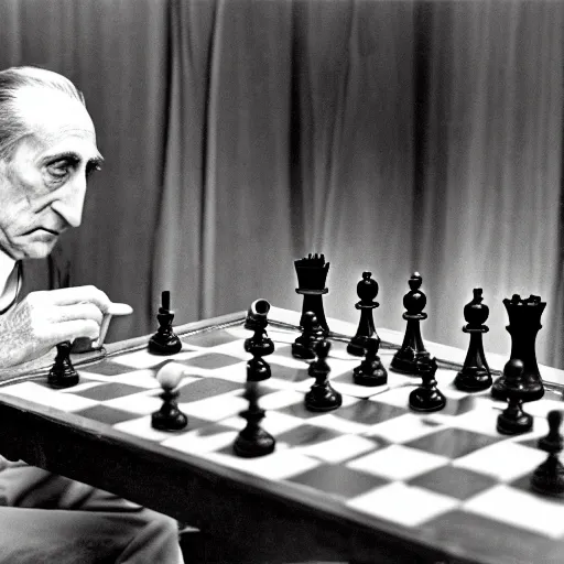 Image similar to a long exposure shot of Marcel Duchamp working on a chess readymade object, archival pigment print