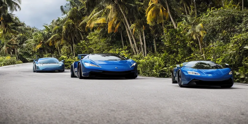 Image similar to a photograph of a supercar running in a tropical island