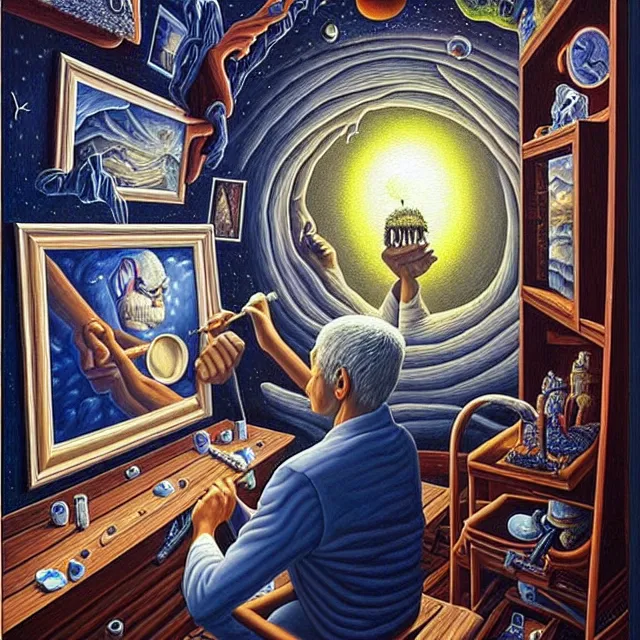 Prompt: an oil on canvas portrait of a man painting a portrait of a monster, surrealism, surrealist, cosmic horror, rob gonsalves, high detail