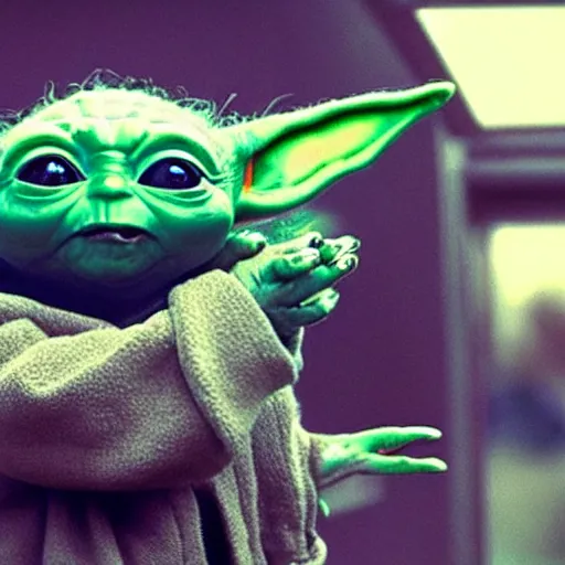 Image similar to baby yoda pointing a gun at you