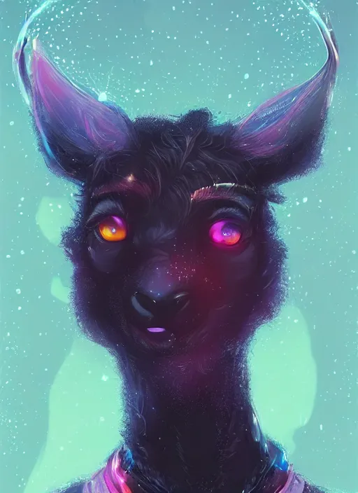 Image similar to award winning beautiful portrait commission of a male furry anthro Black Reindeer fursona with a tail, wings and a cute beautiful attractive detailed furry face wearing stylish black and rainbow galaxy clothes in a outerspace city at night while it rains. Character design by charlie bowater, ross tran, artgerm, and makoto shinkai, detailed, inked, western comic book art