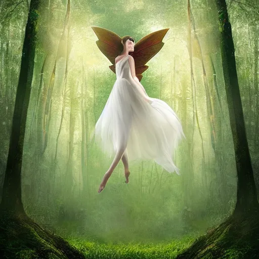 Image similar to a very detailed, high definition, dreamful, faceless, beatiful, female fairy wearing a translucent, white dress levitating in the air in a thickly vegetated forest in a wonderful fantasy world, dreamlike light incidence, surrounded by many fairies, during sunset, art style, award winning picture