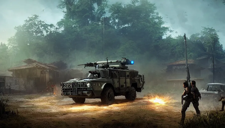 Prompt: a militarized police vehicle riding through a kerala village, troops searching the area, furious action scene, an epic fantasy, dramatic lighting, cinematic, establishing shot, extremely high detail, photorealistic, cinematic lighting, artstation, matte painting, octane render, by simon stalenhag, shadow of the tomb raider, aesthetic