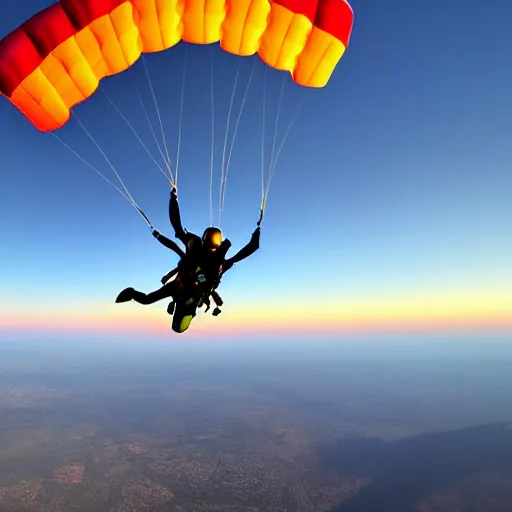 Prompt: A photorealistic image of a skydiver in freefall in front of Mourchevel mountains in astonishing sunset