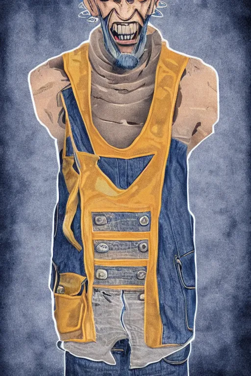 Image similar to a maniac in a denim vest named spike. exaggerated features. digital art. harsh lighting.