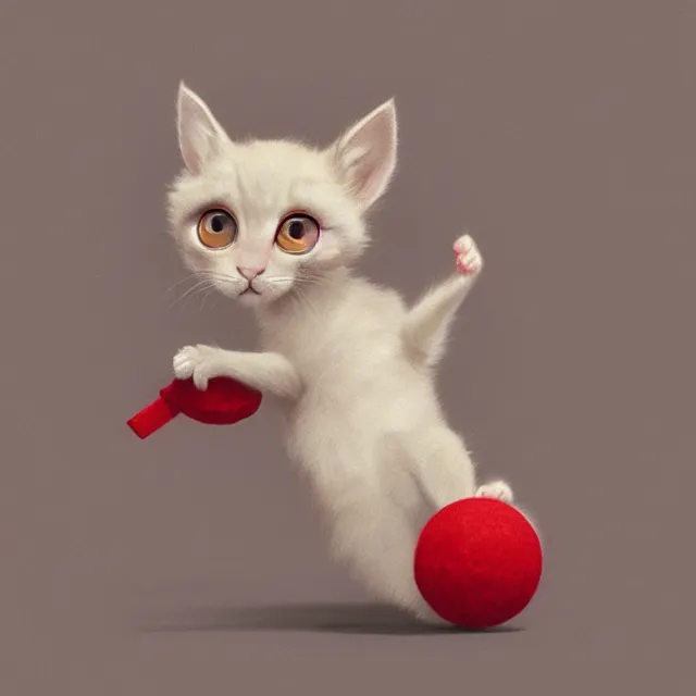 Prompt: a painting of a cute light beige kitten with dark brown ears and face and legs and tail and white paws playing with a red yarn ball. big eyes. character design by cory loftis, fenghua zhong, ryohei hase, ismail inceoglu and ruan jia. volumetric light, detailed, rendered in octane