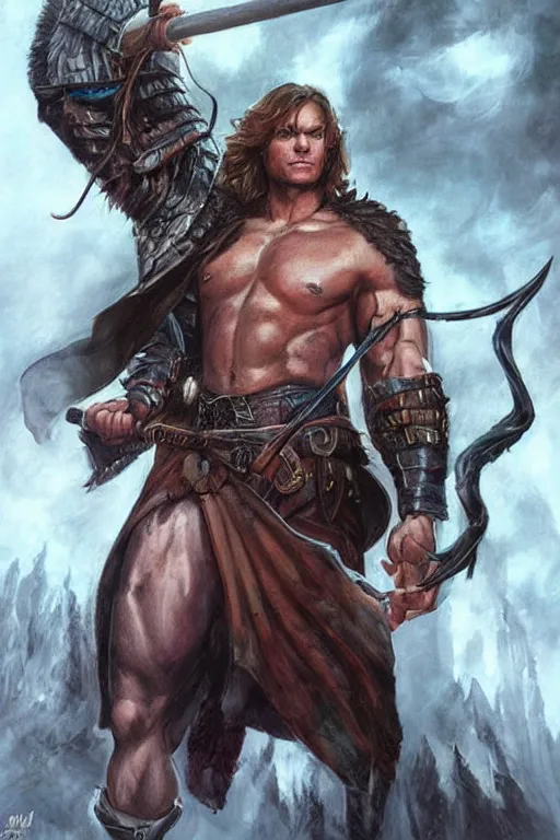 Image similar to portrait of pretty muscular sam winchester as a irish warrior mage alternative universe, muscular body tattooed, d & d!, fantasy style, sharp focus!, ultra detailed, art by artgerm and peter andrew jones, wlop