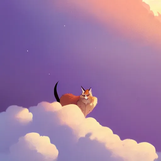 Image similar to giant fat fluffy cute caracal floating above a mountain city with lot's of clouds, detailed, cory loftis, james gilleard, atey ghailan, makoto shinkai, goro fujita, studio ghibli, rim light, exquisite lighting, clear focus, very coherent, plain background