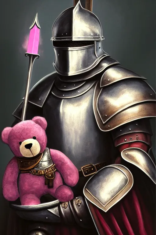 Prompt: a matte oil painting of a knight in full iron plate armor that is holding a teddy bear, inside a pink bedroom, in the style of an oil painting and d & d art, fullbody, photorealistic, sharp focus, award - winning, extremely detailed, 4 k,