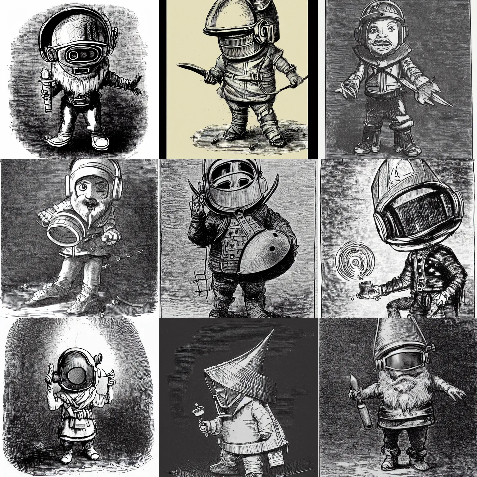 Prompt: sketch of a cute chibi dnd gnome inventor tinkerer wearing a daft punk helmet, he is walking cautiously holding an elaborate mine lantern, etching by louis le breton, 1 8 6 9, 1 2 0 0 dpi scan