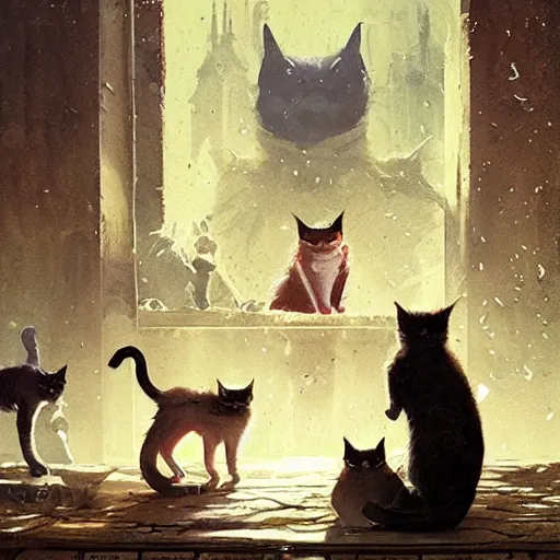 Image similar to the council of cats, by greg rutkowski