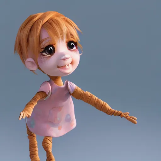 Prompt: 3D cute, puppet and feminine 3d character by Tiger HKN, game art, Perspective view, toy art, octane render, rim light, cinematic, raytrace concept art, Trend on Behance 3d Art, V-Ray, Maya, C4D