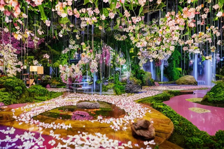 Prompt: epic film etablish shot of a very surreal hospital with its own cafe in a lush waterfall garden, falling cherry blossoms pedals, in the style of Gucci and Wes Anderson glowing lights and floating lanterns, muted colors, magic details, very detailed, 8k, cinematic look