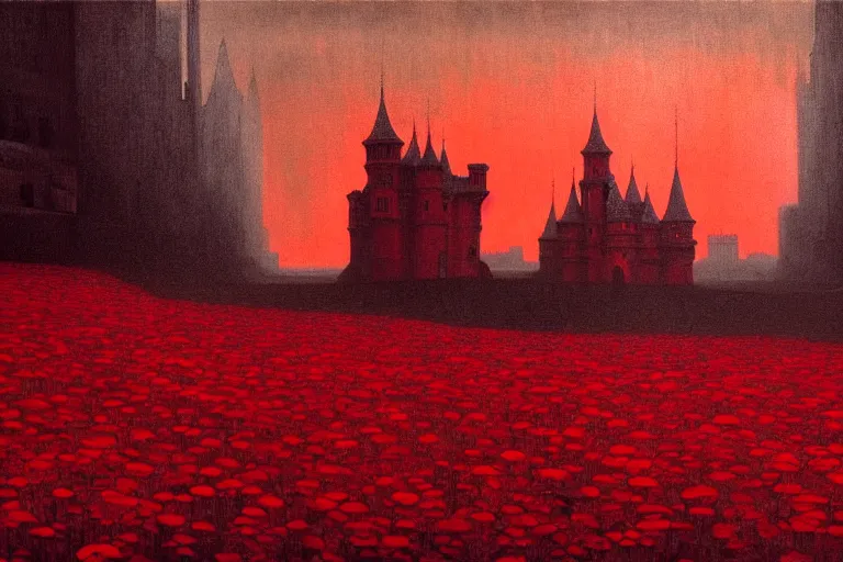 Image similar to only with red, red flowers of different types, red castle in background, red medieval goblins, in the style of beksinski, parts by edward hopper, parts by rodcenko, parts by yue minjun, intricate and epic composition, red by caravaggio, insanely quality, highly detailed, masterpiece, red light, artstation, 4 k