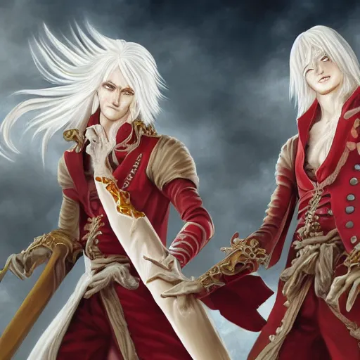 Prompt: Epic rococo painting of two young twins males, with white skin, long white hair and red eyes. Wearing identical red clothes. Middle age. Castlevania, ultra-detailed. Anime, pixiv, UHD 8K CryEngine, octane render