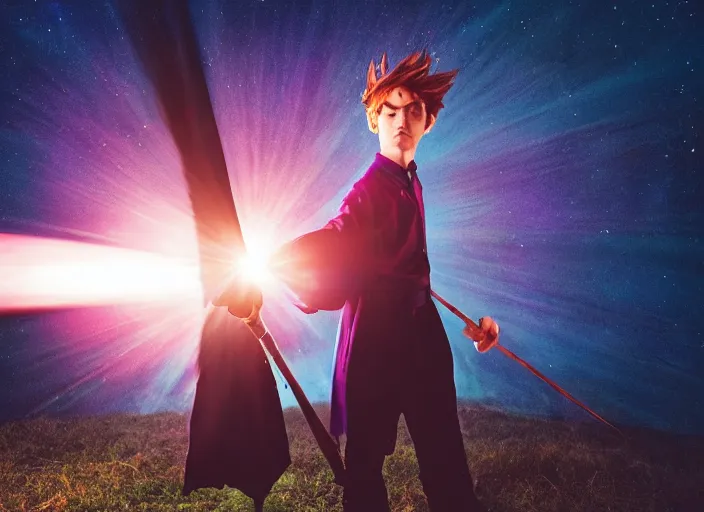 Image similar to a young adult wizard with very detailed face, hair clothes and shoes holds their wand fiercely in their hand from which a blast of bright magic flies from the end of the wand, on an empty moonlit hill, dramatic lighting, lens flare, 3 5 mm full frame professional photography, kodachrome