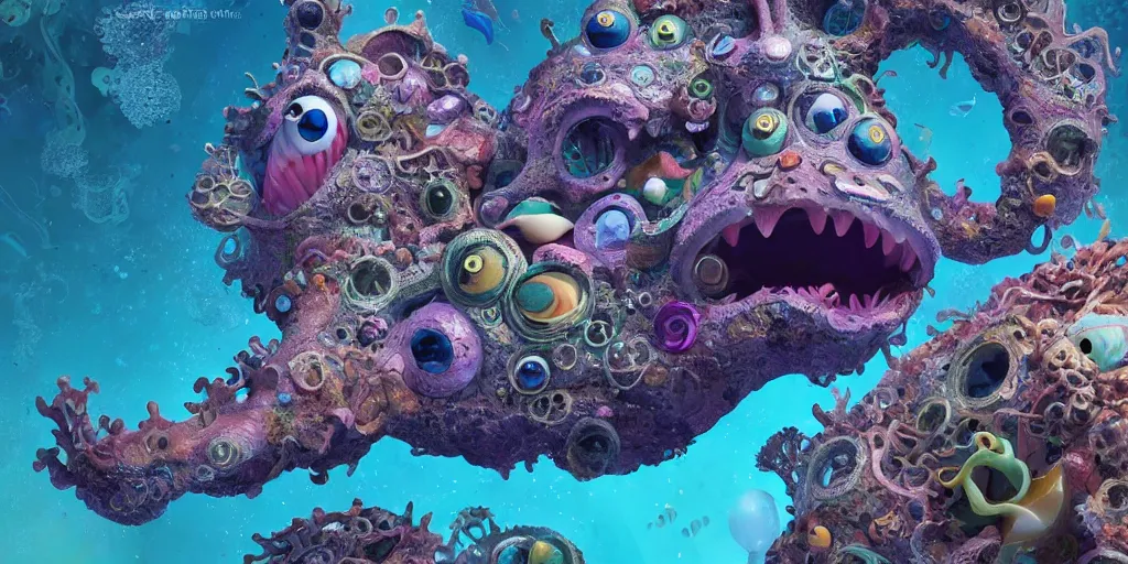 Image similar to of an intricate sea reef with strange cute friendly happy creatures with huge eyes, mouth, long tongue, round teeth and goofy face, appearing from the background, in the style of gehry and gaudi, macro lens, shallow depth of field, ultra detailed, digital painting, trending artstation, concept art, illustration, cinematic lighting, photorealism, epic, octane render