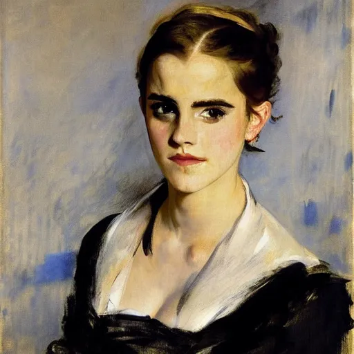 Image similar to portrait of emma watson, by manet, john singer sargent, carolus - duran, elegant, bold brushwork