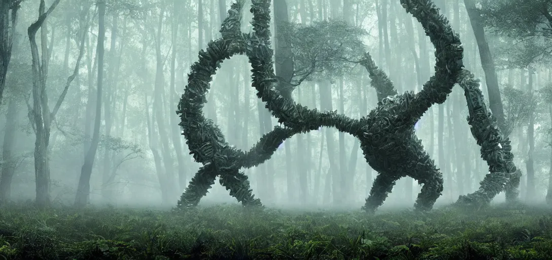 Image similar to a complex organic fractal 3 d metallic symbiotic ceramic humanoid megastructure creature in a swampy lush forest, foggy, cinematic shot, photo still from movie by denis villeneuve