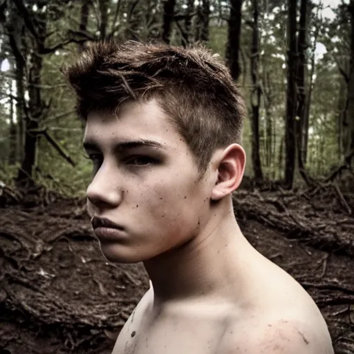 Prompt: detailed portrait of a teenage boy, around 1 9 yo. looking sad, short hair, shirtless, tattoo. muddy face. ominous and eerie looking forest in background. natural colors. face focus