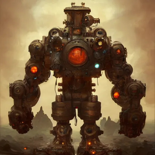 Prompt: a Steam powered mechanical golem, forward facing angle, concept art, character design, stunning 3d render , art by Tooth Wu and justin gerard and Blizzard studios, 8k octane beautifully detailed render, post-processing, extremely hyperdetailed, intricate complexity, epic composition, grim yet sparkling atmosphere, masterpiece, trending on artstation